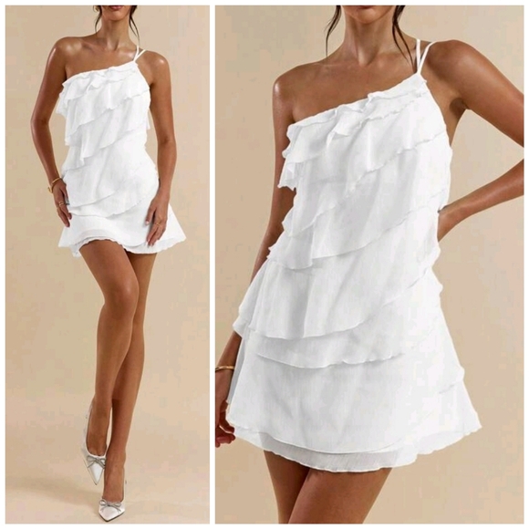New Flirty Sheer Chiffon Layered Ruffle One Shoulder Mini Dress White - Picture 1 of 10
